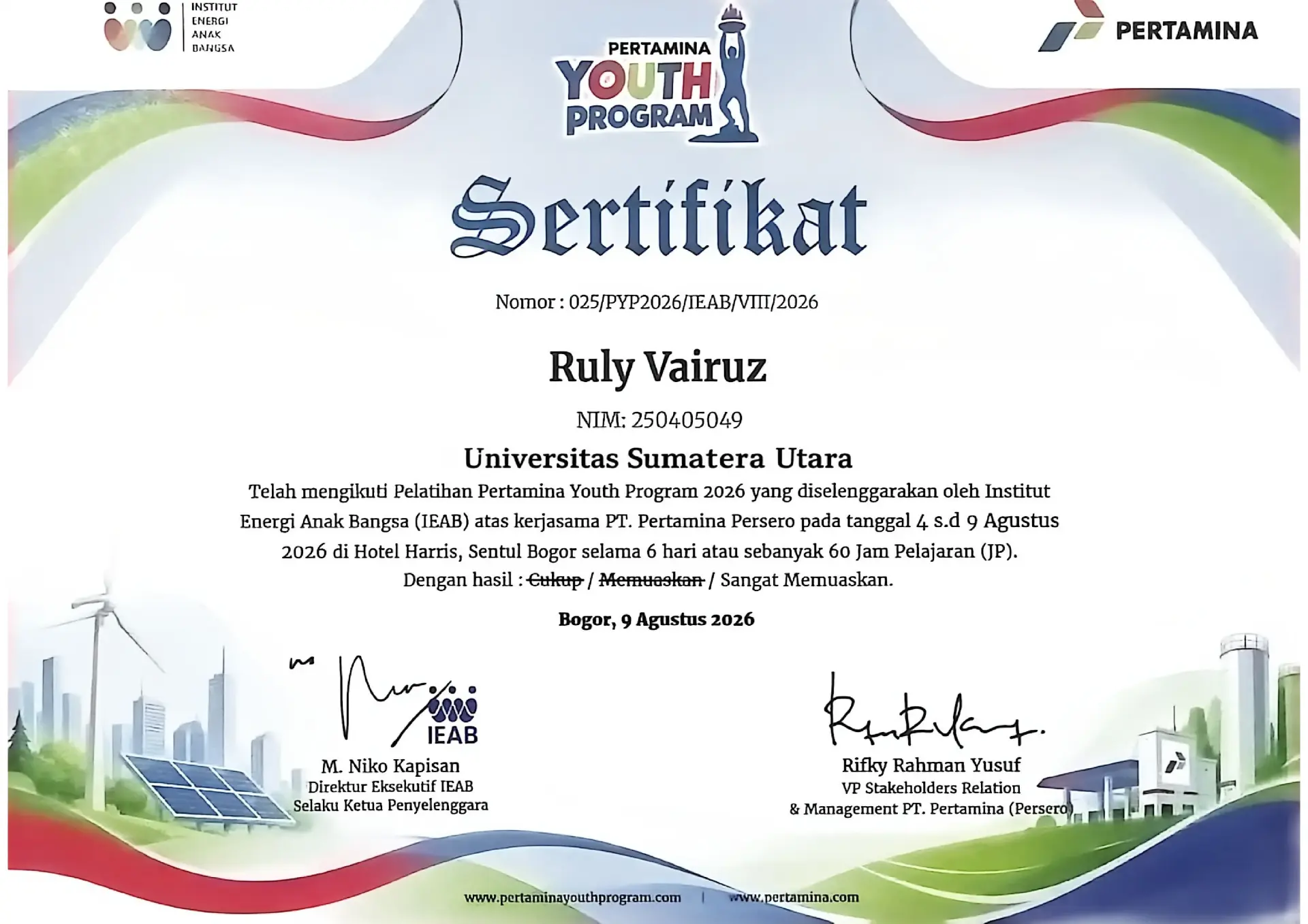 Mahasiswa Teknik Kimia USU Terpilih sebagai 50 Peserta Terbaik Pertamina Youth Program 2026
